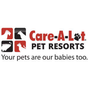 Care-A-Lot Pet Resorts logo with tagline Your pets are our babies too. They are a main sponsor of Reba's Animal rescue
