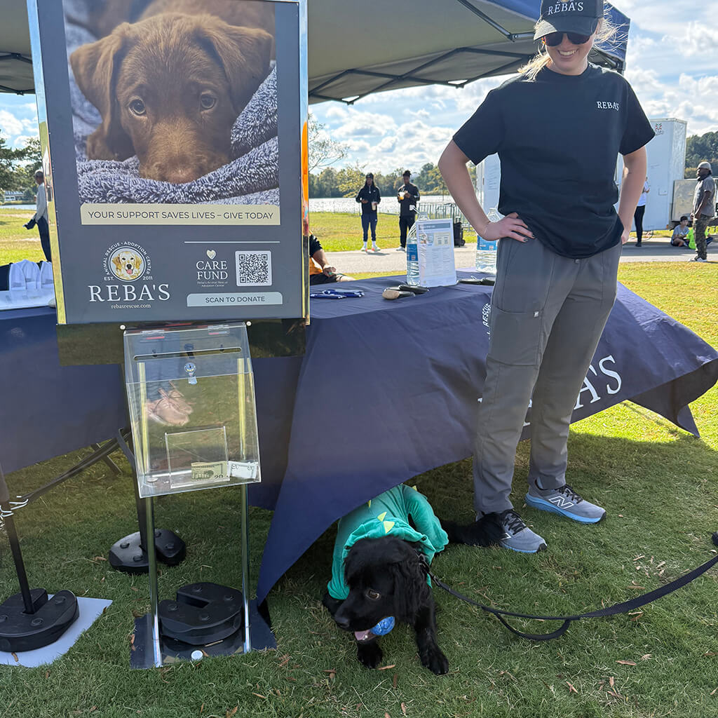 A black dog lays in the grass under the Reba's blue table and tent. A volunteer stands by.