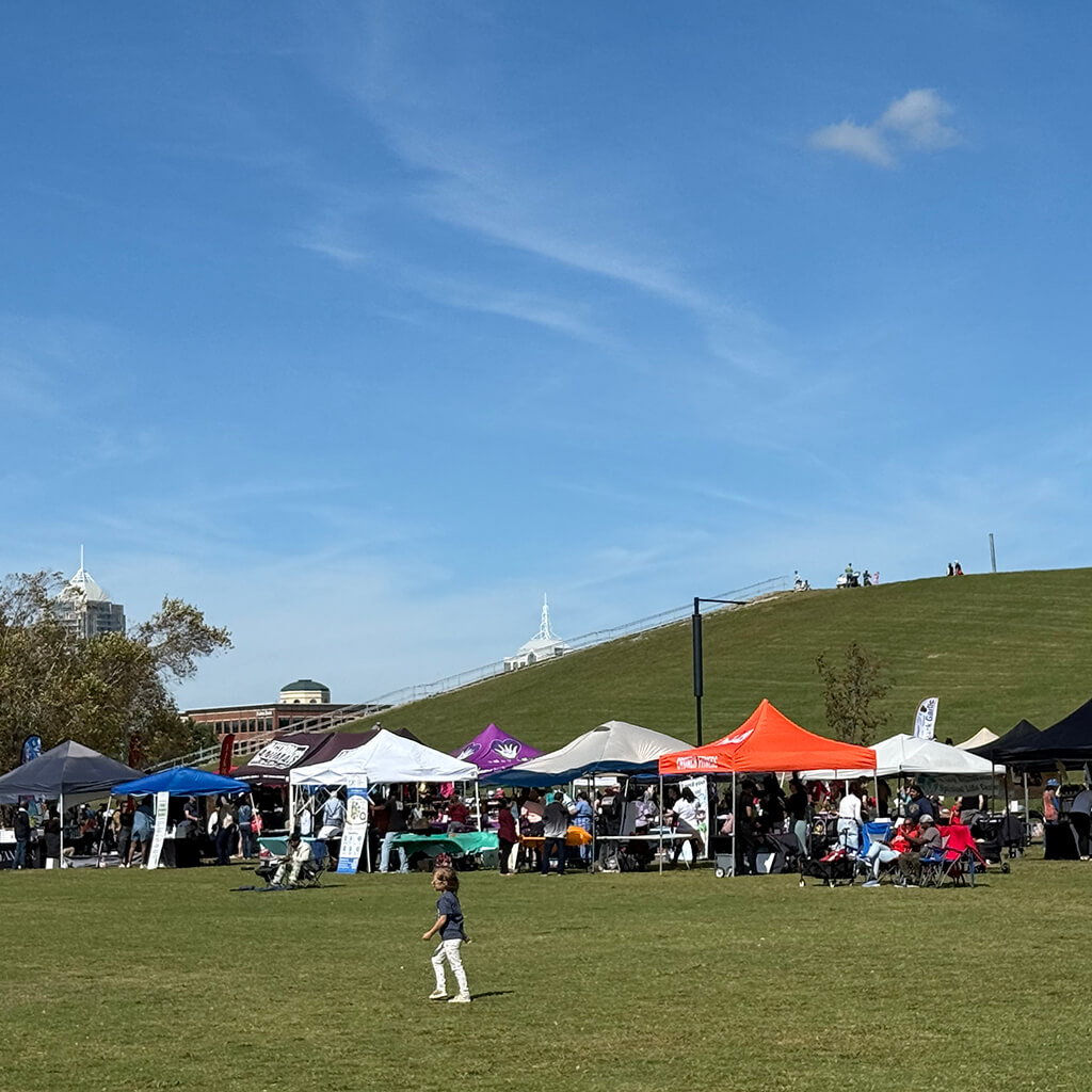 Mt Trashmore is in the background. Vendor tents are set up along the bottom of the hill for VegFest 2025.