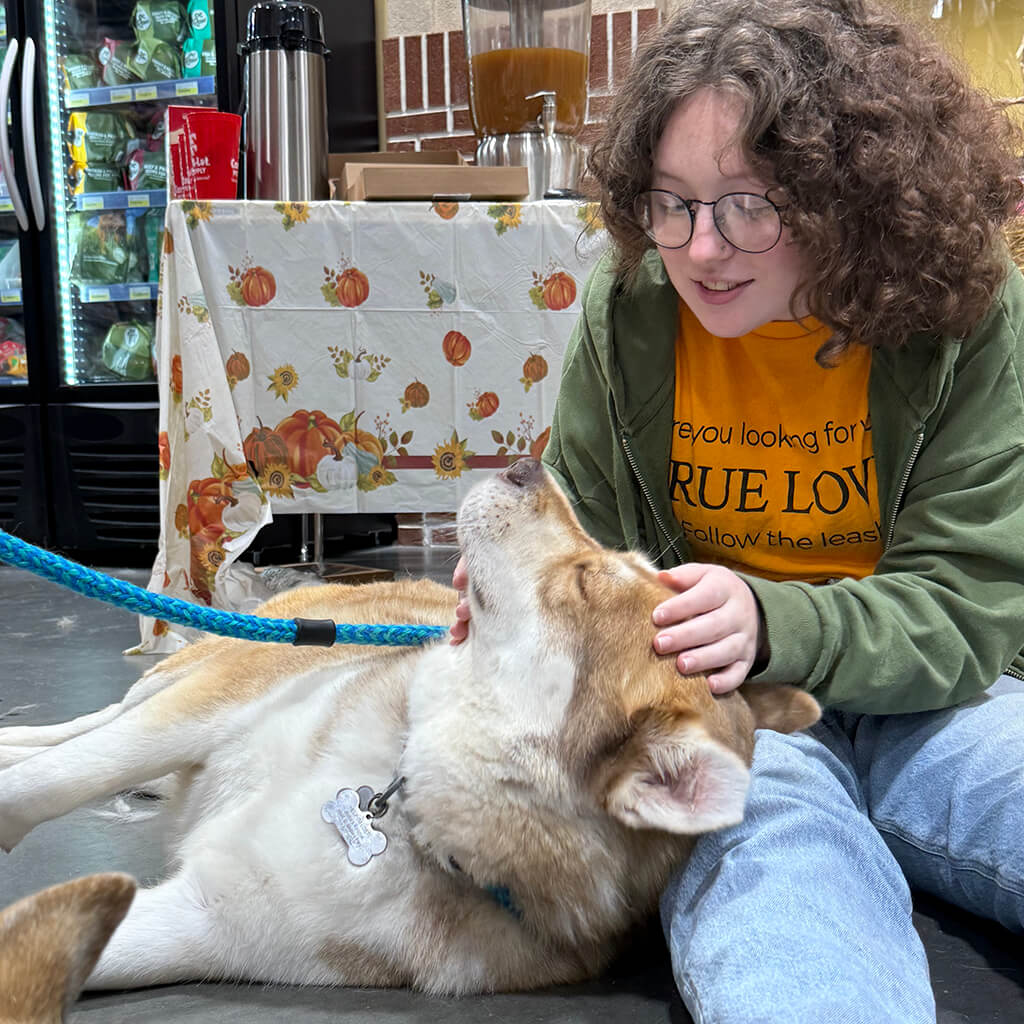 Volunteer with glasses and orange shirt looking lovingly into dogs eyes. The tan and white husky dog is sitting on the floor with her.