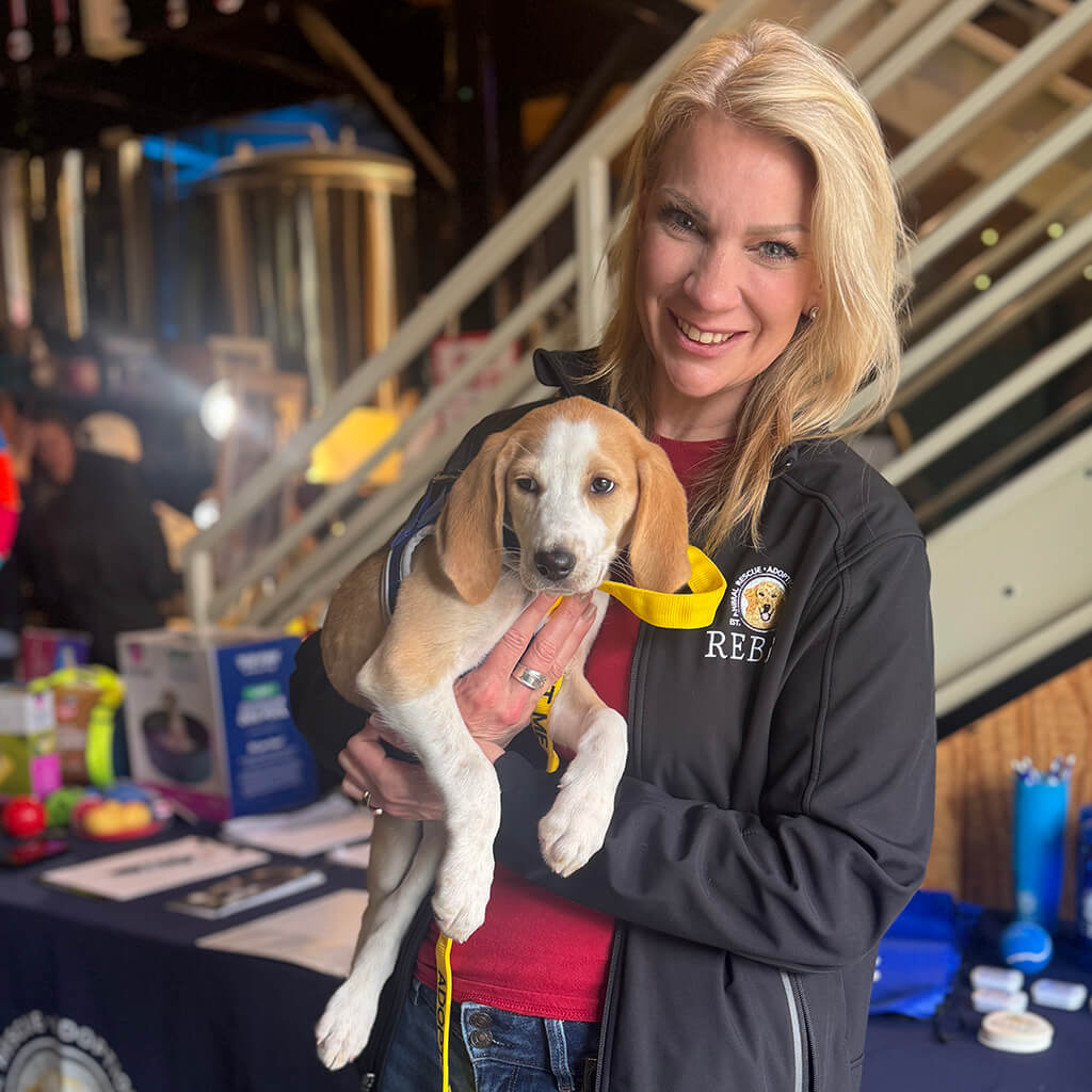 Volunteer holds one of the adoptable hound puppies.